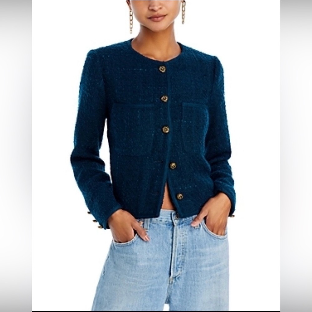 NWT AQUA Women’s Collarless Tweed Jacket Front Buttons and Chest Pockets Size M